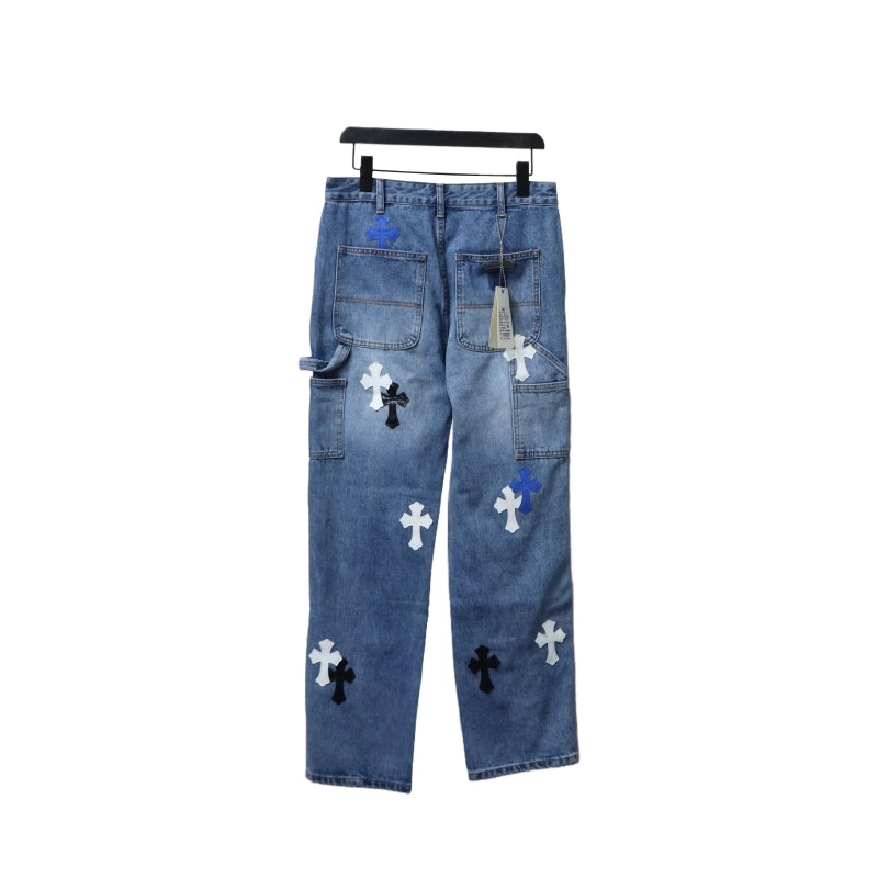 Chrome Hearts Ox King City Limited Edition Cross Metallic Leather Jeans Dark Blue – CHJ014