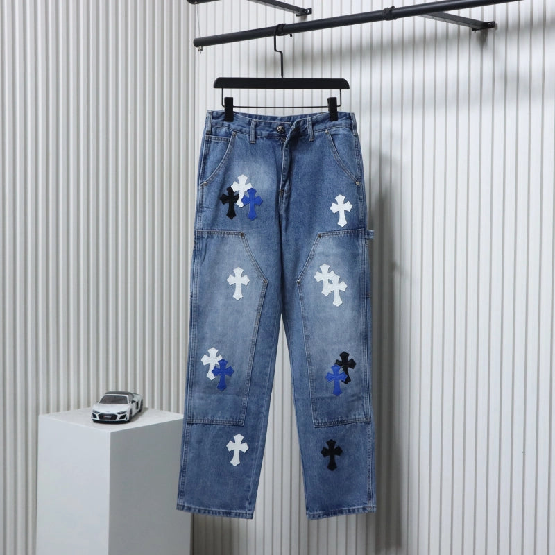 Chrome Hearts Ox King City Limited Edition Cross Metallic Leather Jeans Dark Blue – CHJ014