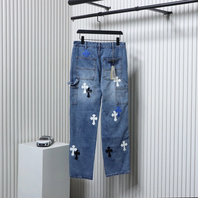 Chrome Hearts Ox King City Limited Edition Cross Metallic Leather Jeans Dark Blue – CHJ014