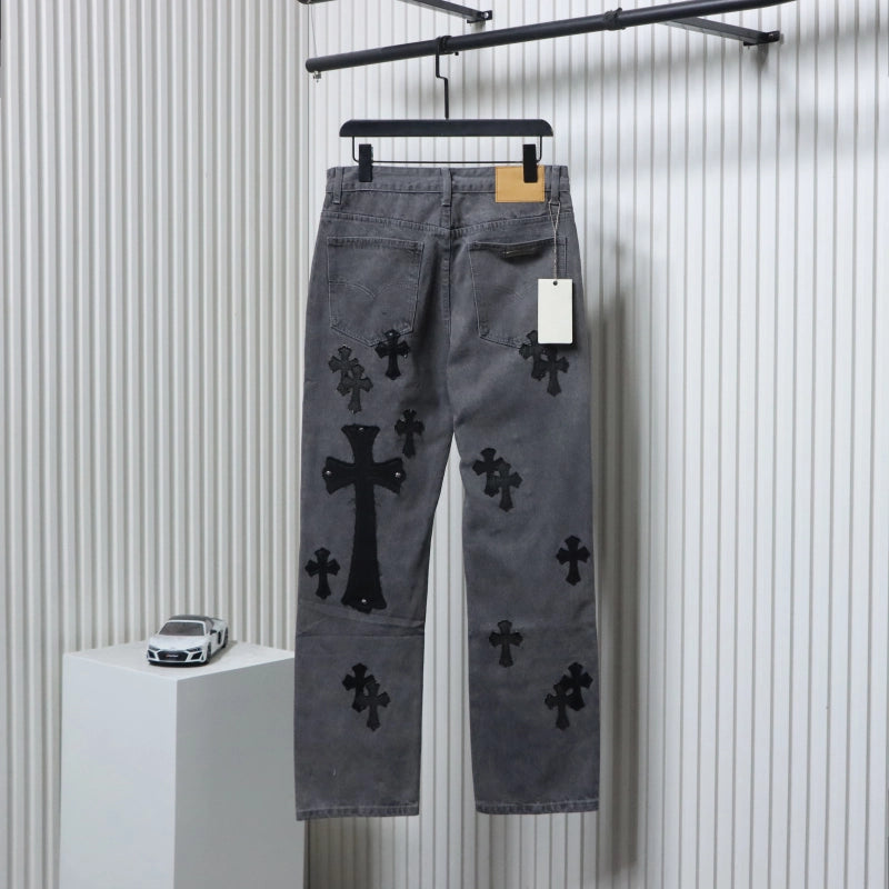 Chrome Hearts Ox King City Limited Edition Cross Metallic Leather Jeans Dark Gray – CHJ015
