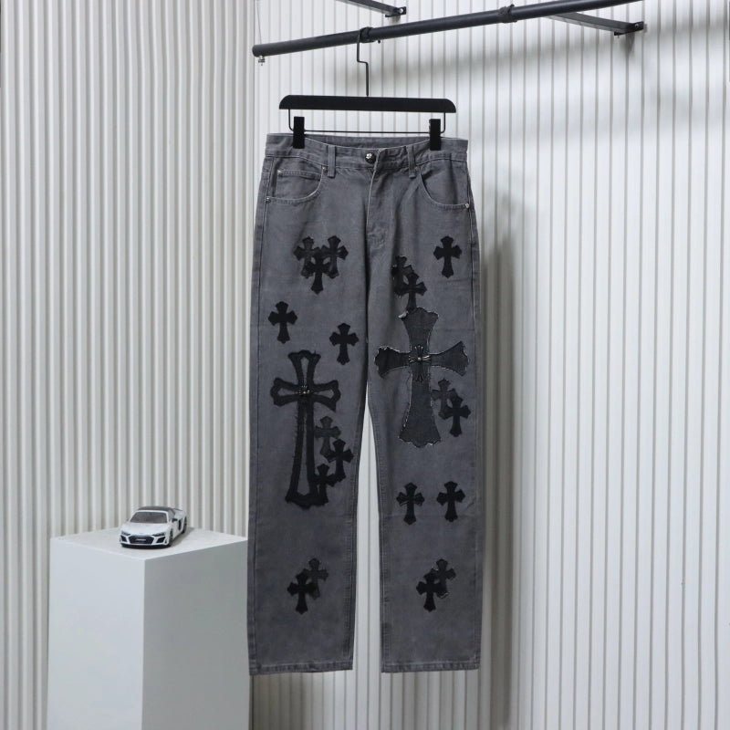 Chrome Hearts Ox King City Limited Edition Cross Metallic Leather Jeans Dark Gray – CHJ015