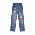Chrome Hearts Red and White Cross-patterned Jeans with Sanskrit on the Back – CHJ017