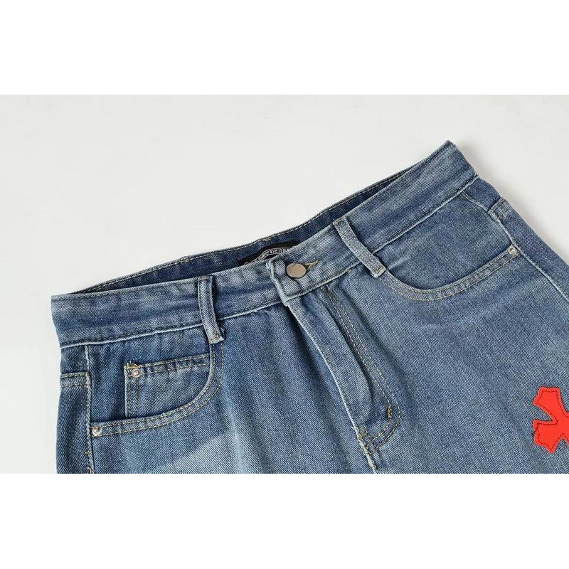 Chrome Hearts Red and White Cross-patterned Jeans with Sanskrit on the Back – CHJ017