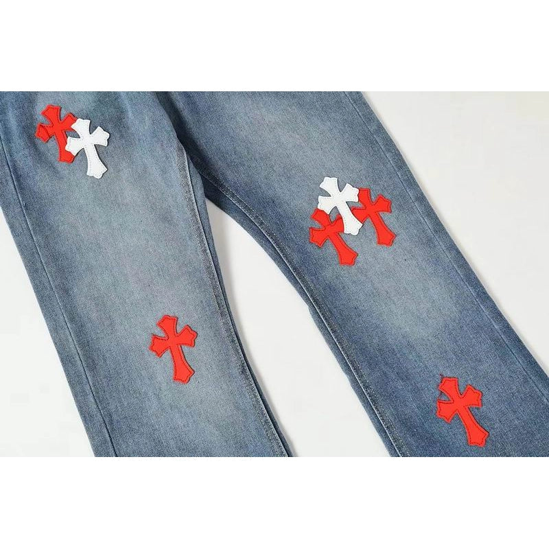 Chrome Hearts Red and White Cross-patterned Jeans with Sanskrit on the Back – CHJ017