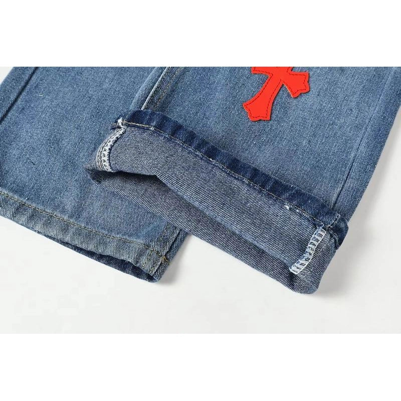 Chrome Hearts Red and White Cross-patterned Jeans with Sanskrit on the Back – CHJ017