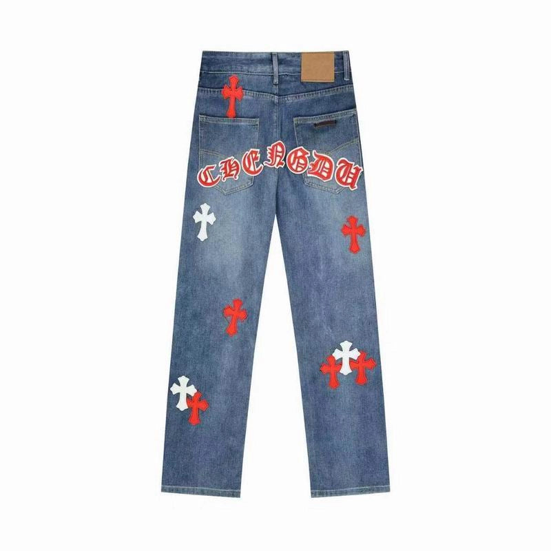 Chrome Hearts Red and White Cross-patterned Jeans with Sanskrit on the Back – CHJ017