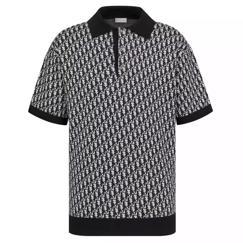 DI0R OBLIQUE POLO SHIRT BEIGE, BLUE AND BLACK COTTON JACQUARD – DOT058
