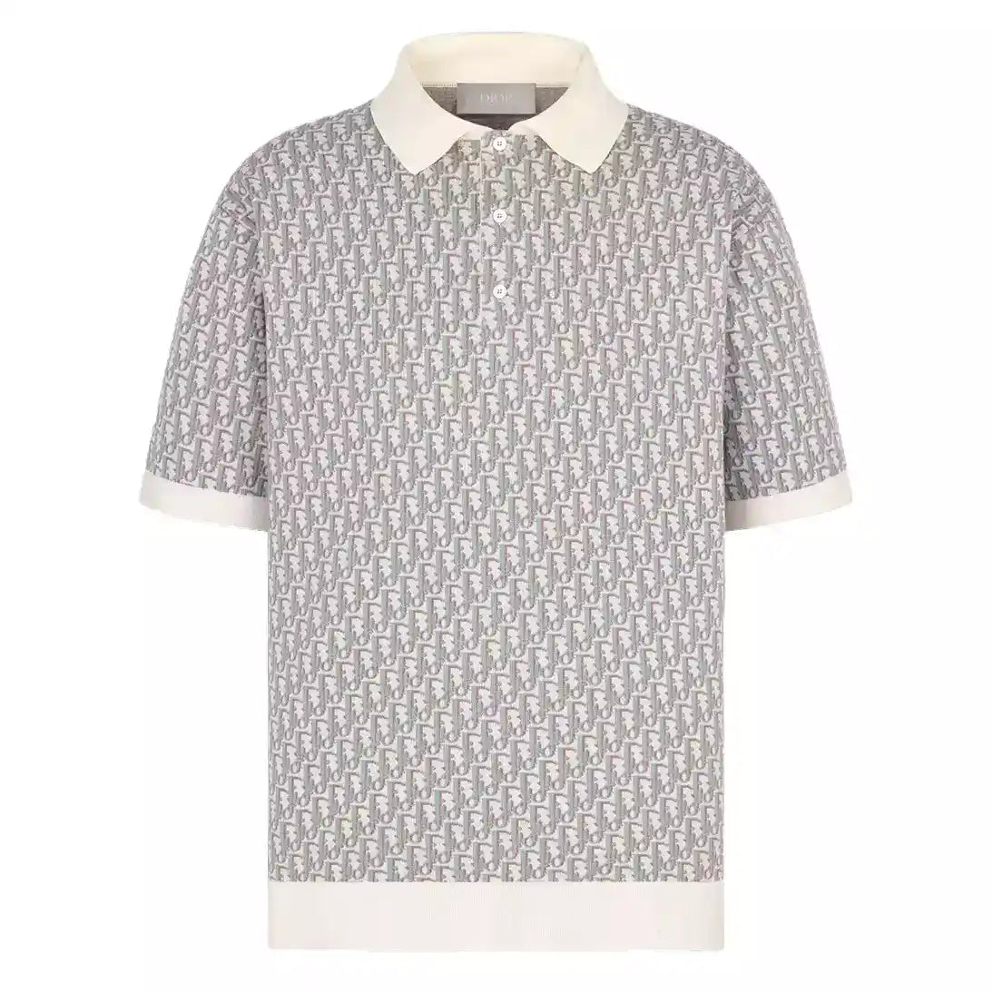 DI0R OBLIQUE POLO SHIRT WHITE, BLUE AND BROWN COTTON JACQUARD – DOT060