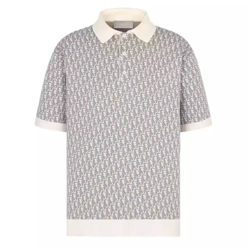 DI0R OBLIQUE POLO SHIRT WHITE, BLUE AND BROWN COTTON JACQUARD – DOT060