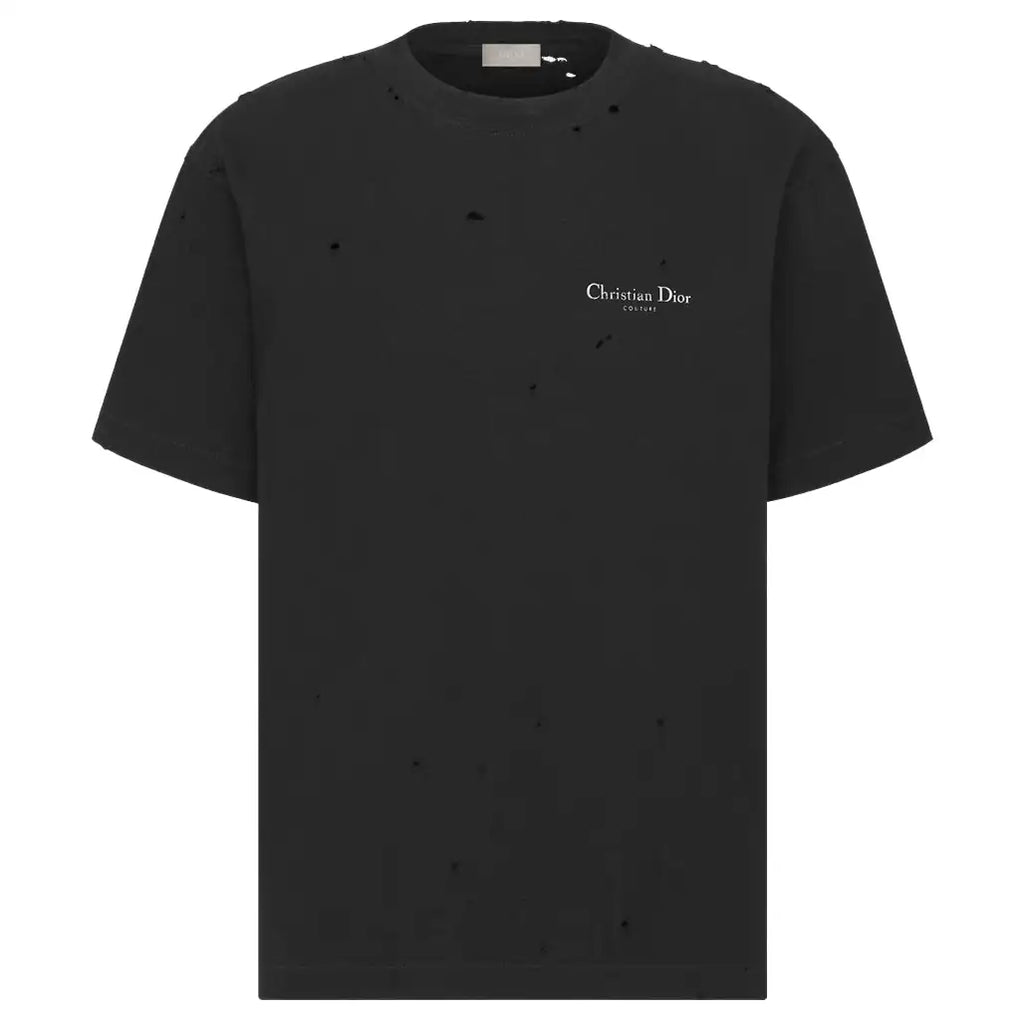 DIOR COUTURE T-SHIRT, RELAXED FIT BLACK DISTRESSED-EFFECT COTTON JERSEY – DOT044
