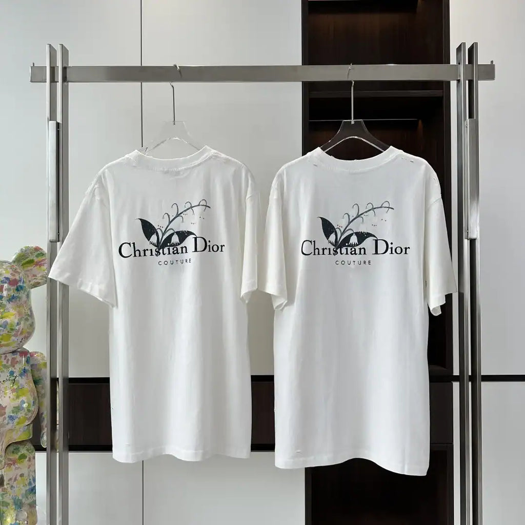 DIOR COUTURE T-SHIRT, RELAXED FIT WHITE DISTRESSED-EFFECT COTTON JERSEY – DOT045