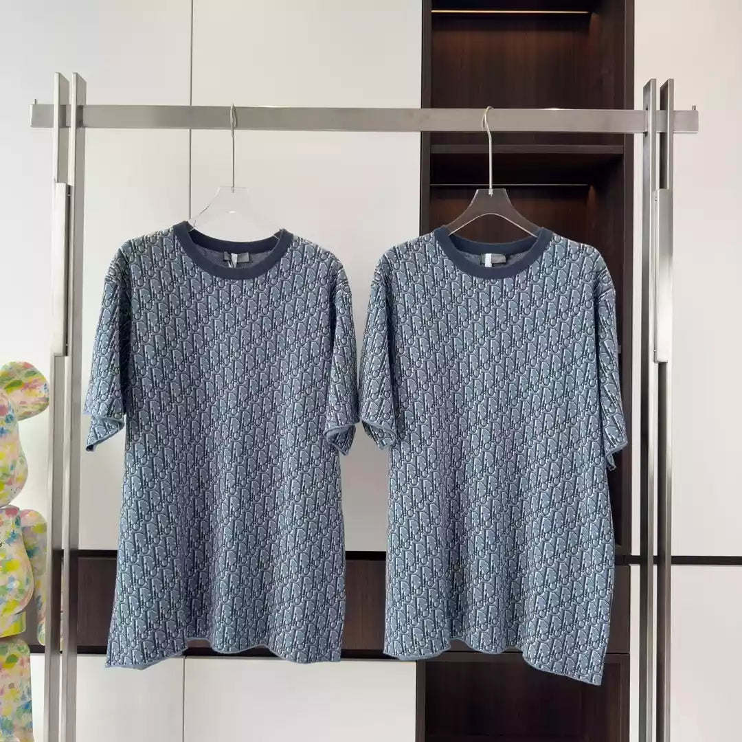 DIOR OBLIQUE T-SHIRT RELAXED FIT BLUE COTTON JACQUARD – DOT043