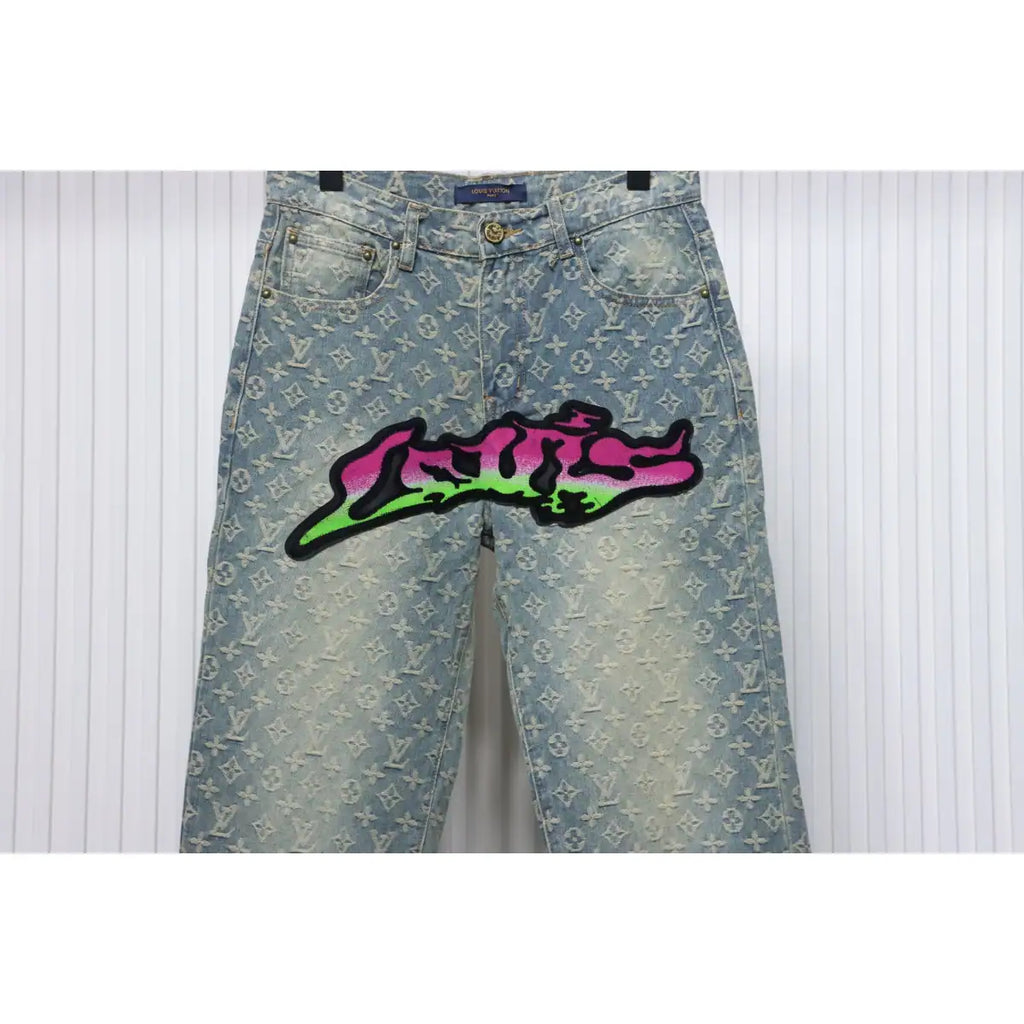 Louis Vuitton Graffiti Gradient Embroidery Jeans Vintage Blue – LVJ002