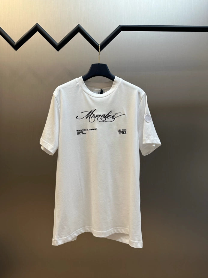 MONCLER WHITE EMBROIDERED CURSIVE LOGO COTTON T-SHIRT – MCT032