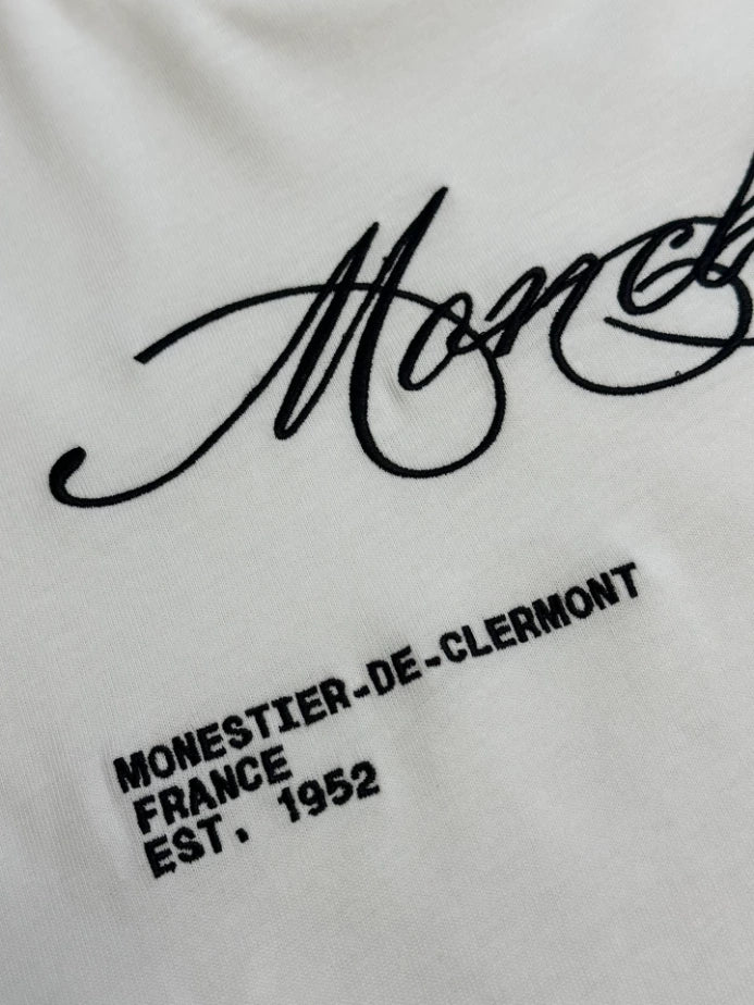 MONCLER WHITE EMBROIDERED CURSIVE LOGO COTTON T-SHIRT – MCT032
