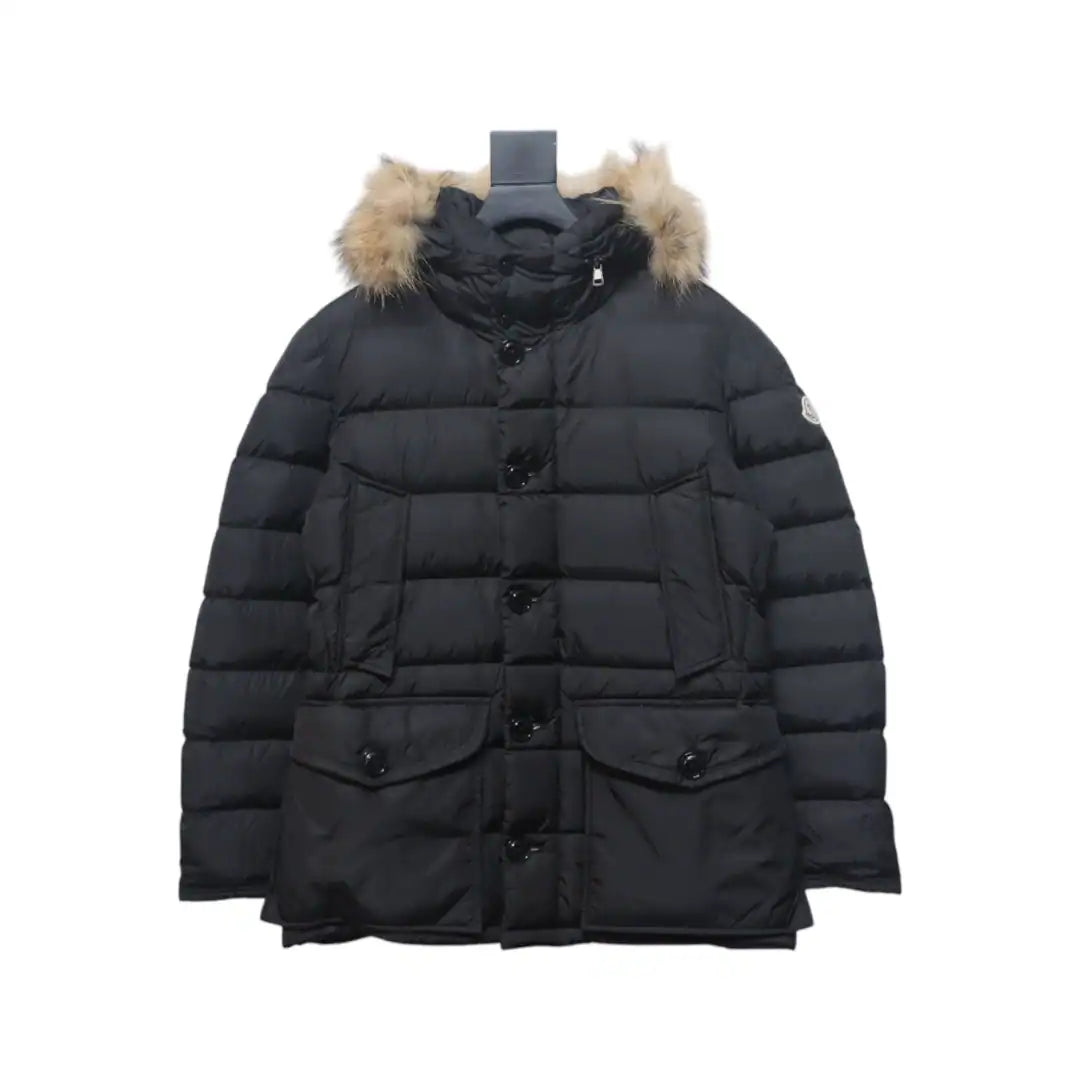 Moncler Mid-Length Hooded Fur Collar Button Down Jacket Black – MC163