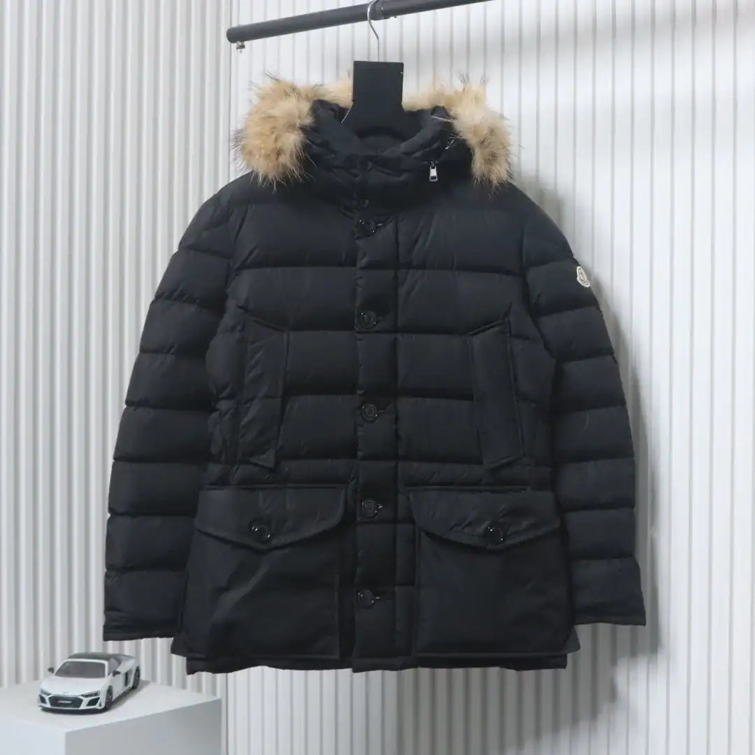 Moncler Mid-Length Hooded Fur Collar Button Down Jacket Black – MC163