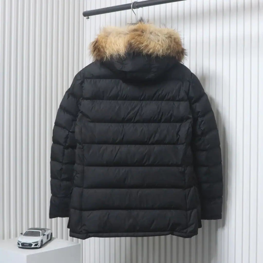 Moncler Mid-Length Hooded Fur Collar Button Down Jacket Black – MC163