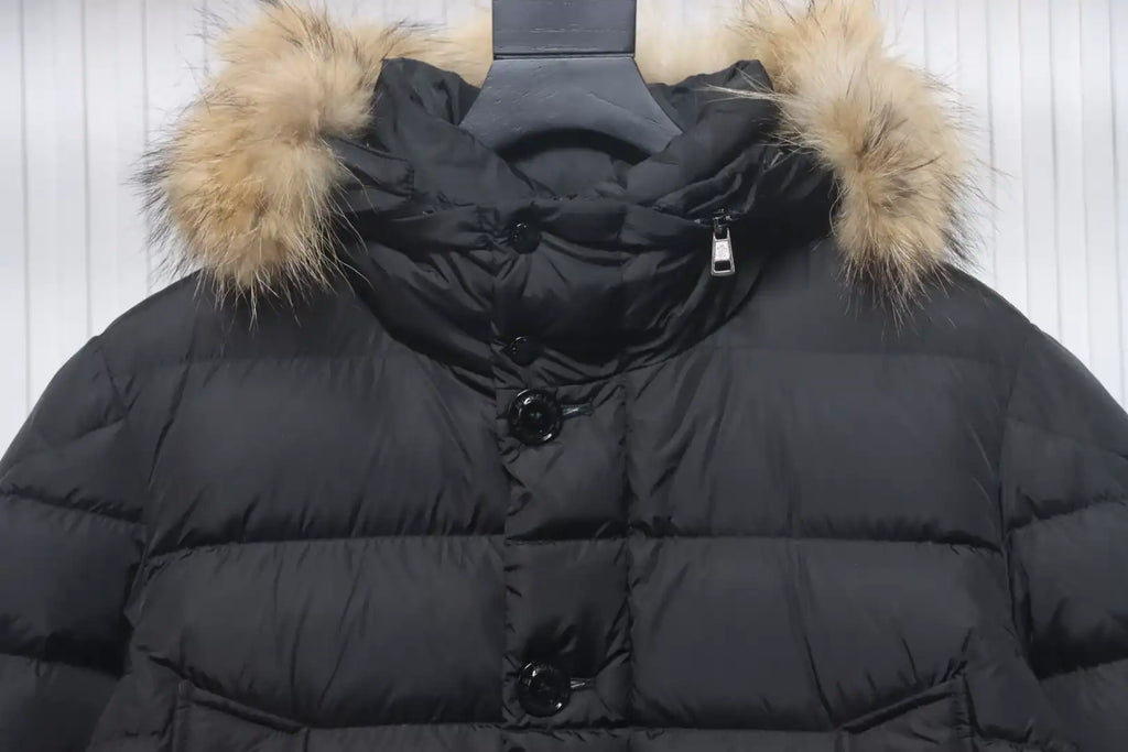 Moncler Mid-Length Hooded Fur Collar Button Down Jacket Black – MC163