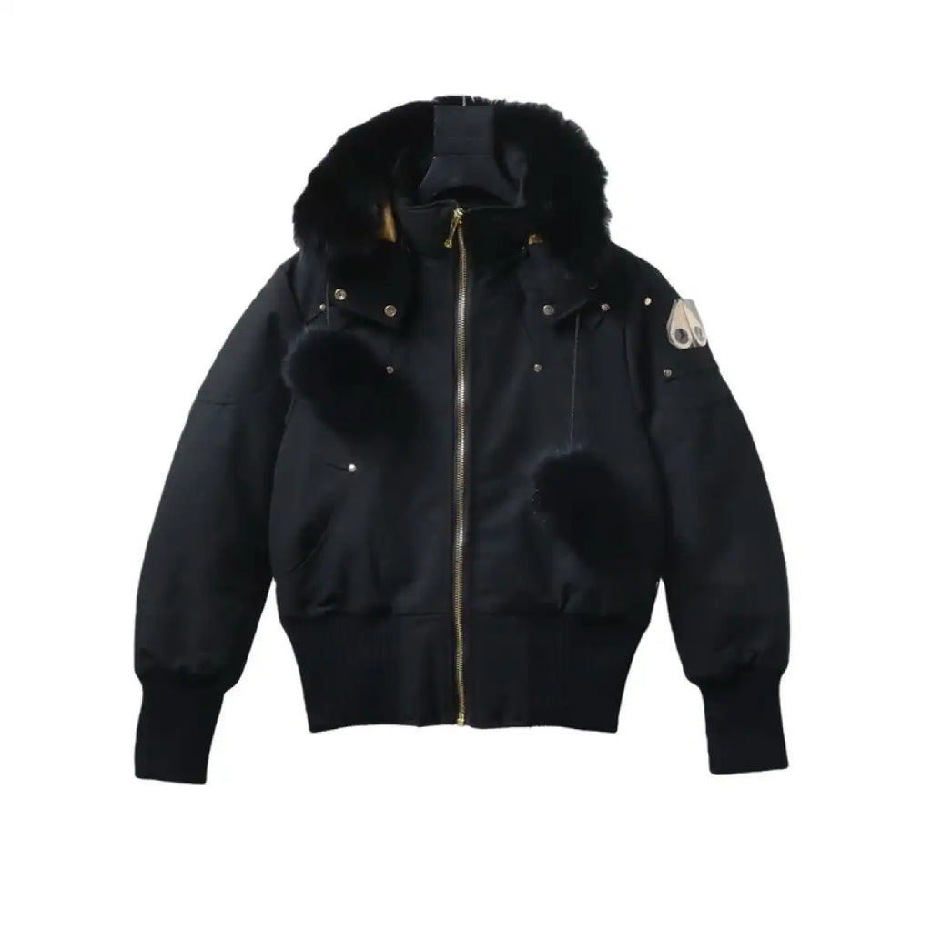 Moose Knuckles Cloud Bomber Black Jacket with Detachable Hood and Shearling Trim In Milkyway – MKC006