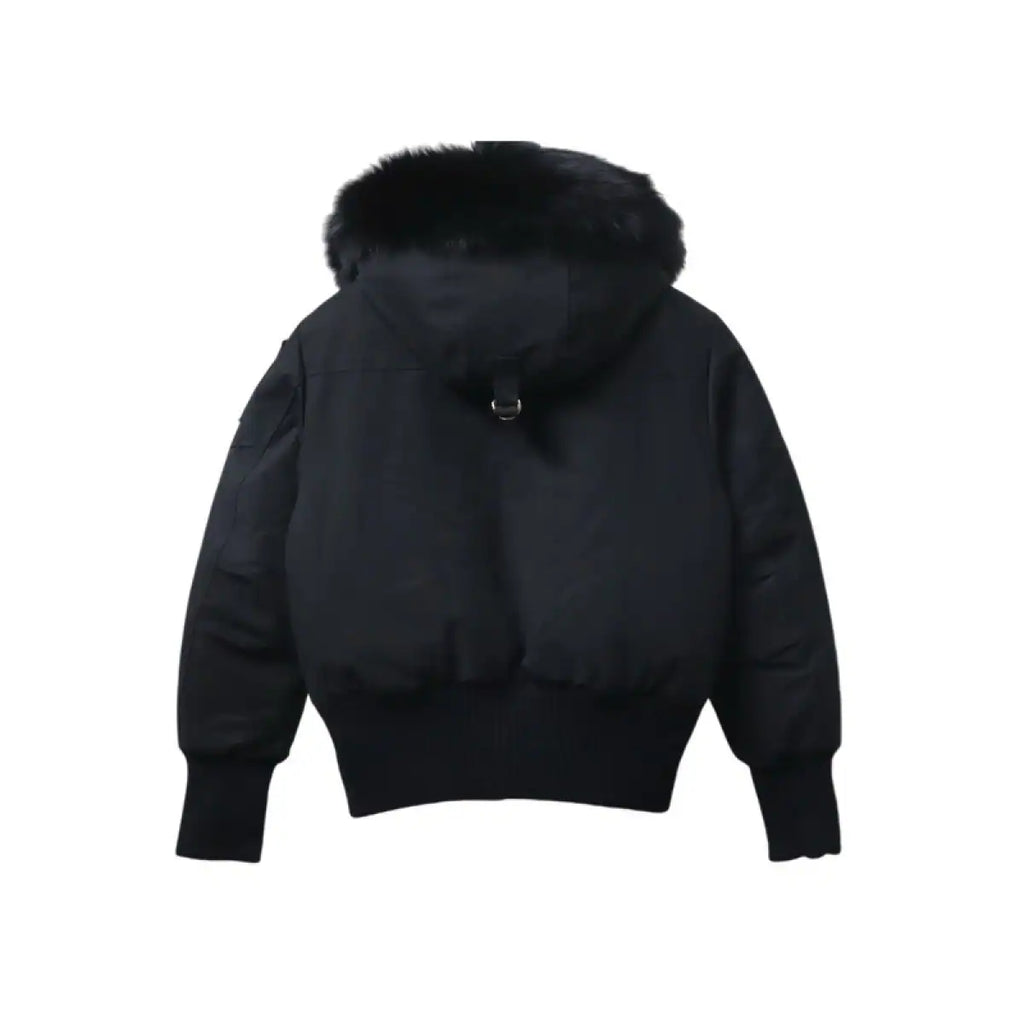Moose Knuckles Cloud Bomber Black Jacket with Detachable Hood and Shearling Trim In Milkyway – MKC006