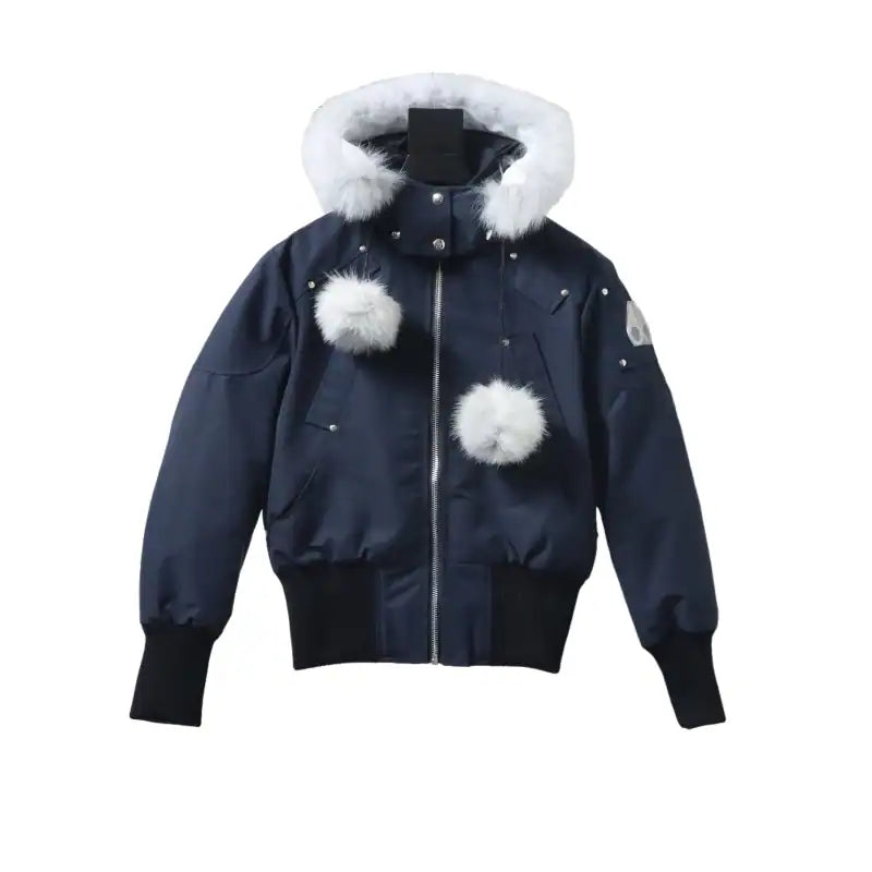 Moose Knuckles Cloud Bomber Navy Jacket with Detachable Hood and Shearling Trim In Milkyway – MKC010
