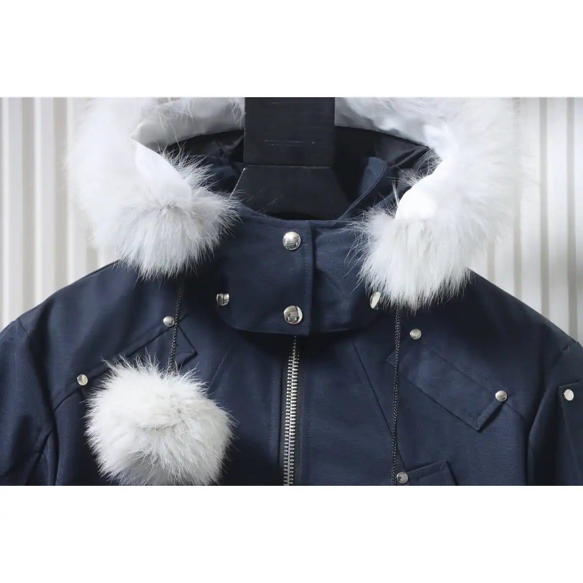 Moose Knuckles Cloud Bomber Navy Jacket with Detachable Hood and Shearling Trim In Milkyway – MKC010