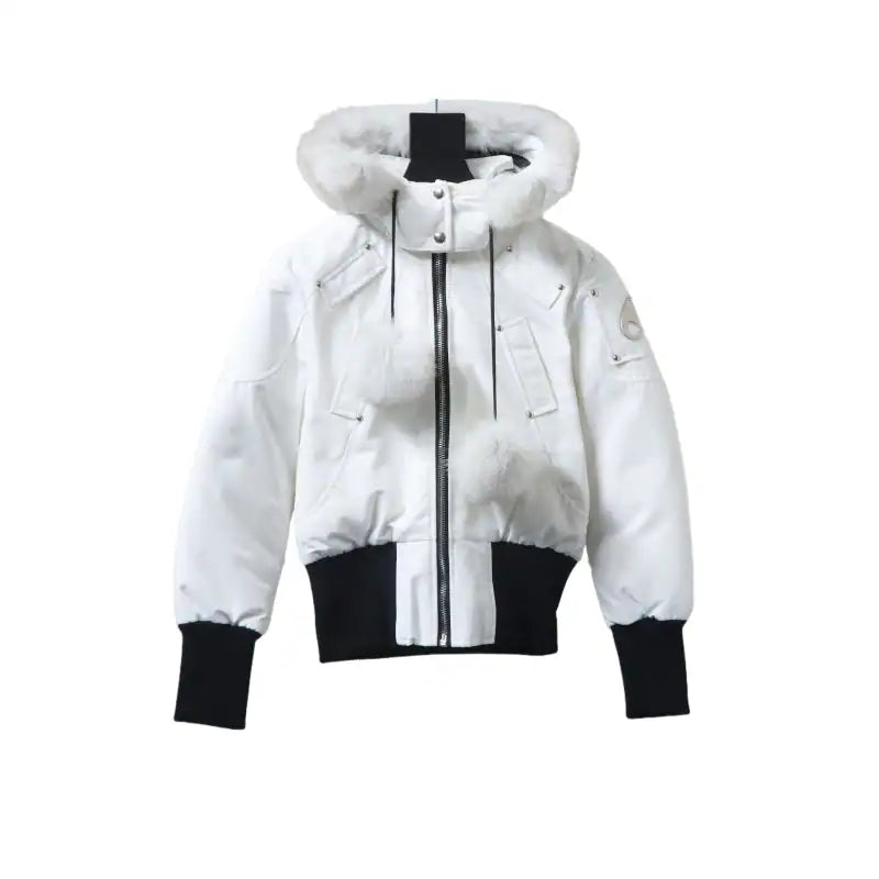 Moose Knuckles Cloud Bomber White Jacket with Detachable Hood and Shearling Trim In Milkyway – MKC028