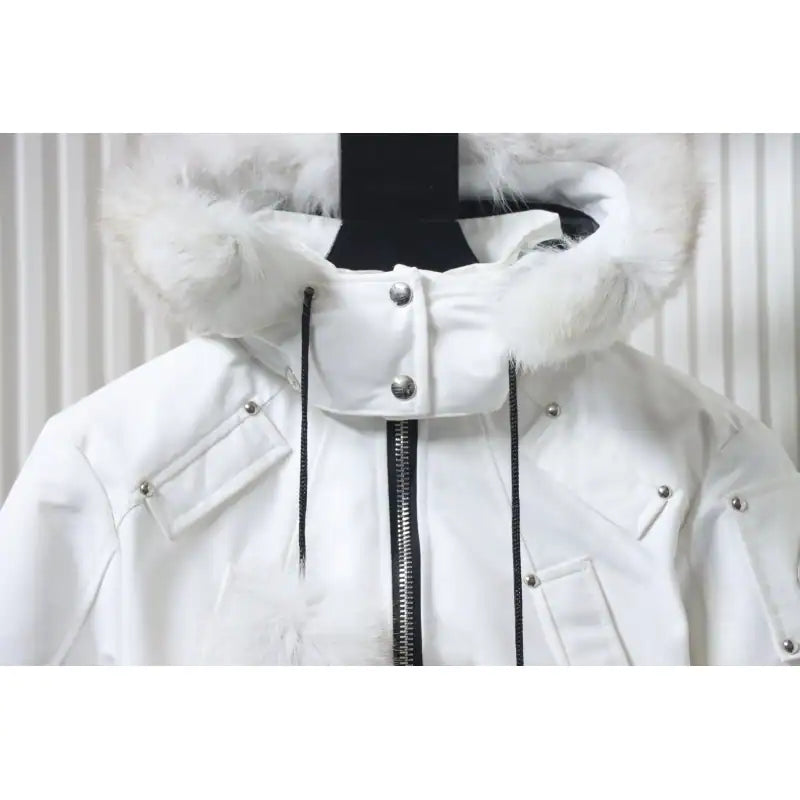 Moose Knuckles Cloud Bomber White Jacket with Detachable Hood and Shearling Trim In Milkyway – MKC028