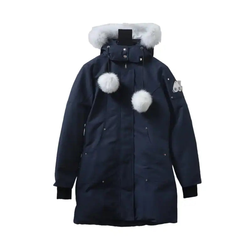 Moose knuckles Women’s Stirling Parka Zip-Up White Fur Jacket Navy – MKC029