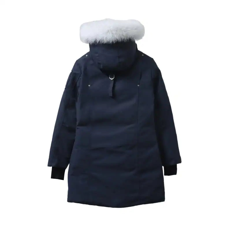 Moose knuckles Women’s Stirling Parka Zip-Up White Fur Jacket Navy – MKC029