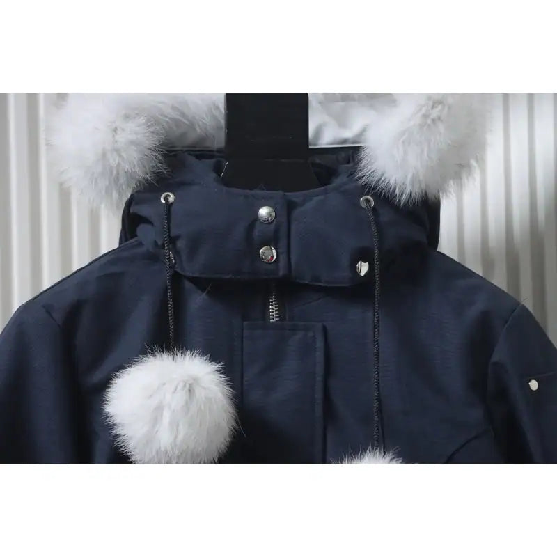 Moose knuckles Women’s Stirling Parka Zip-Up White Fur Jacket Navy – MKC029