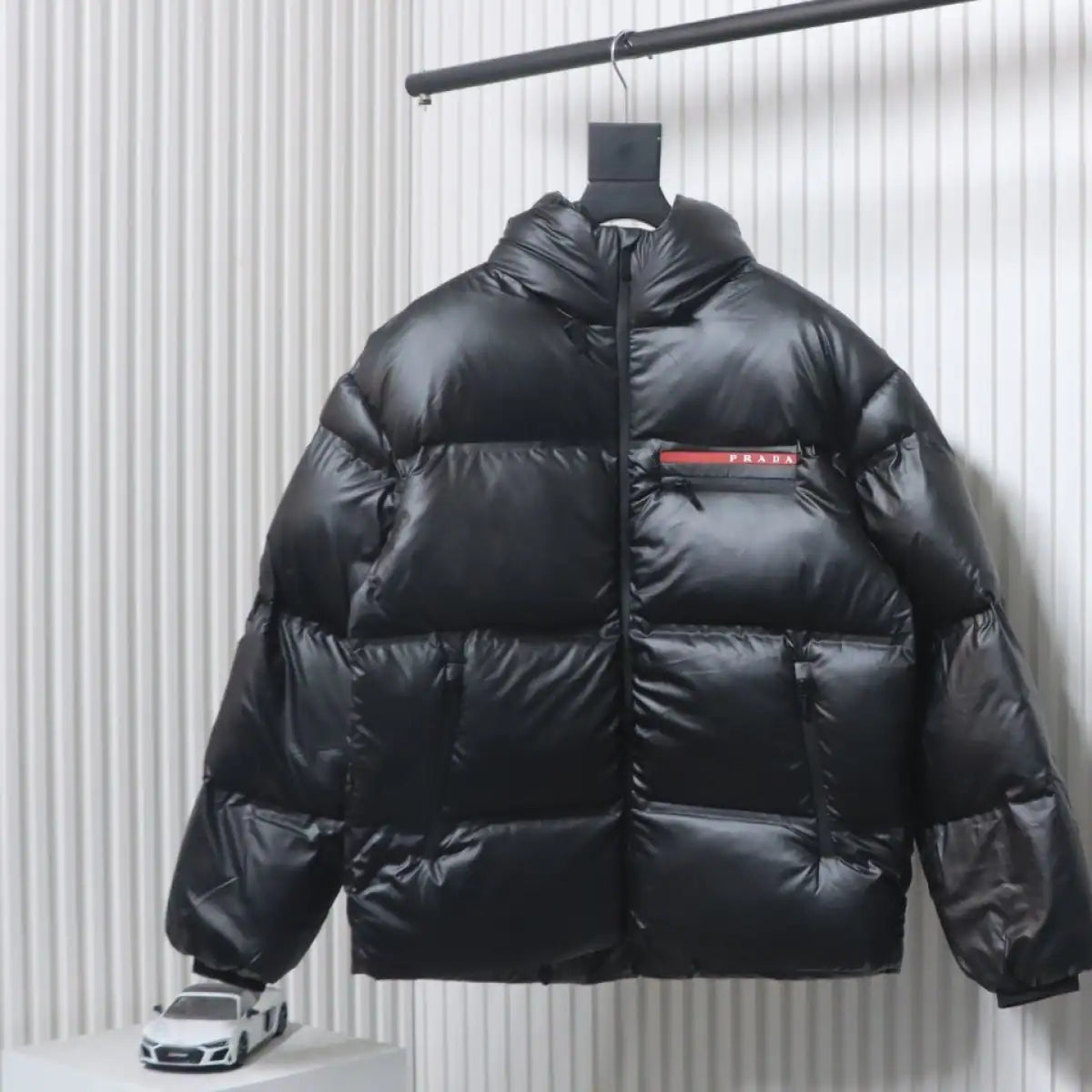 Prada Red Stripe Logo Down Jacket Black – PC011