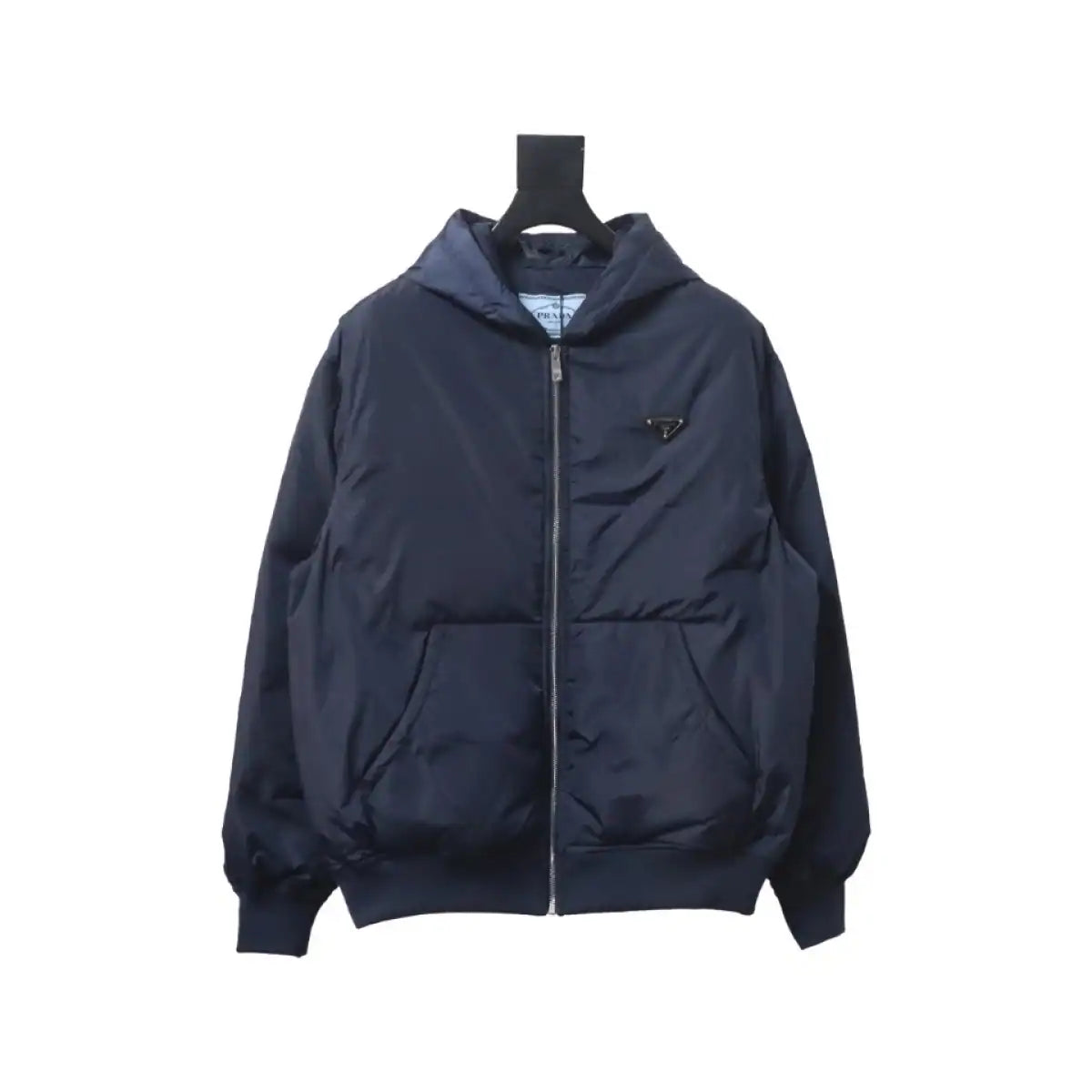 Prada Triangle Logo Solid Color Hooded Down Jacket Dark Blue – PC012