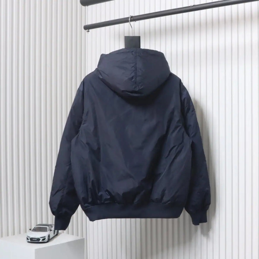 Prada Triangle Logo Solid Color Hooded Down Jacket Dark Blue – PC012