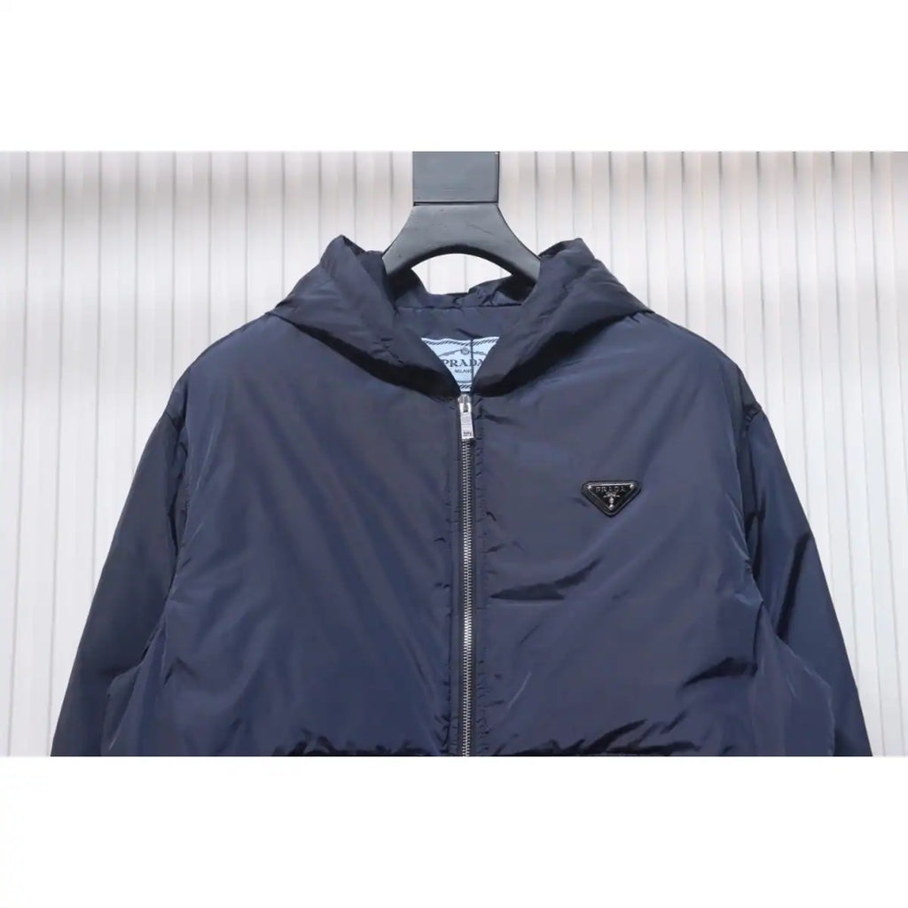 Prada Triangle Logo Solid Color Hooded Down Jacket Dark Blue – PC012