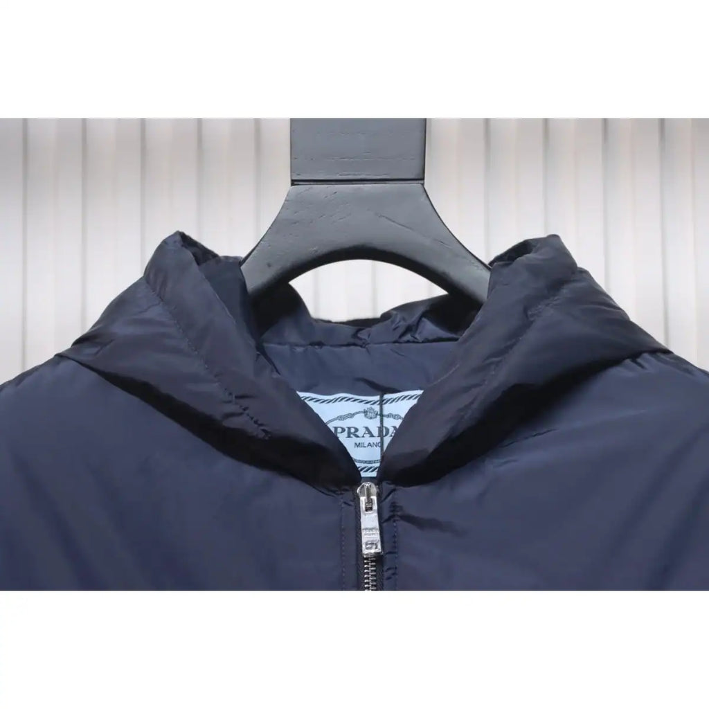 Prada Triangle Logo Solid Color Hooded Down Jacket Dark Blue – PC012