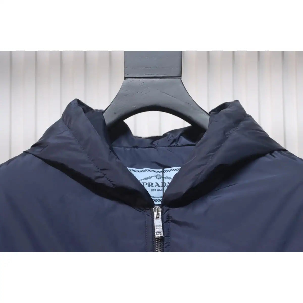 Prada Triangle Logo Solid Color Hooded Down Jacket Dark Blue – PC012