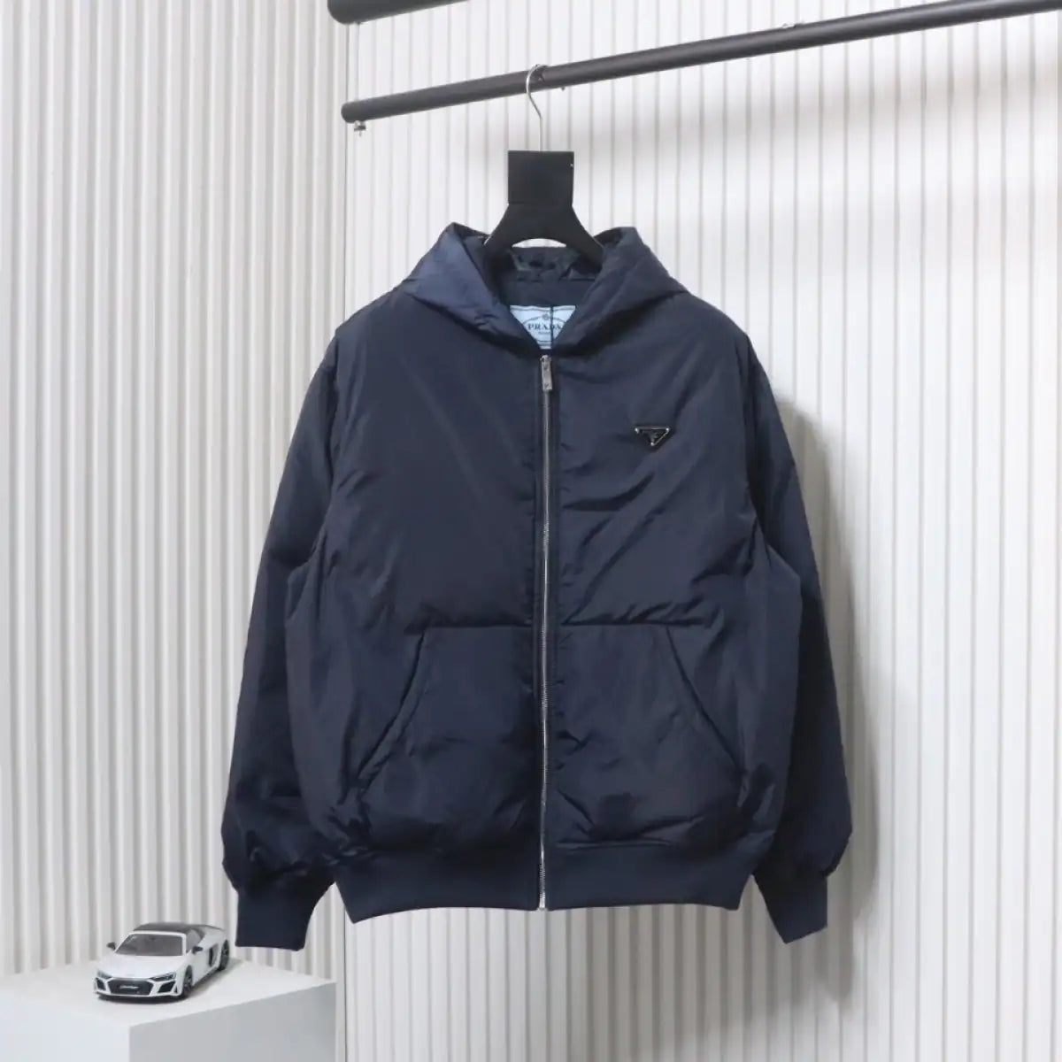 Prada Triangle Logo Solid Color Hooded Down Jacket Dark Blue – PC012