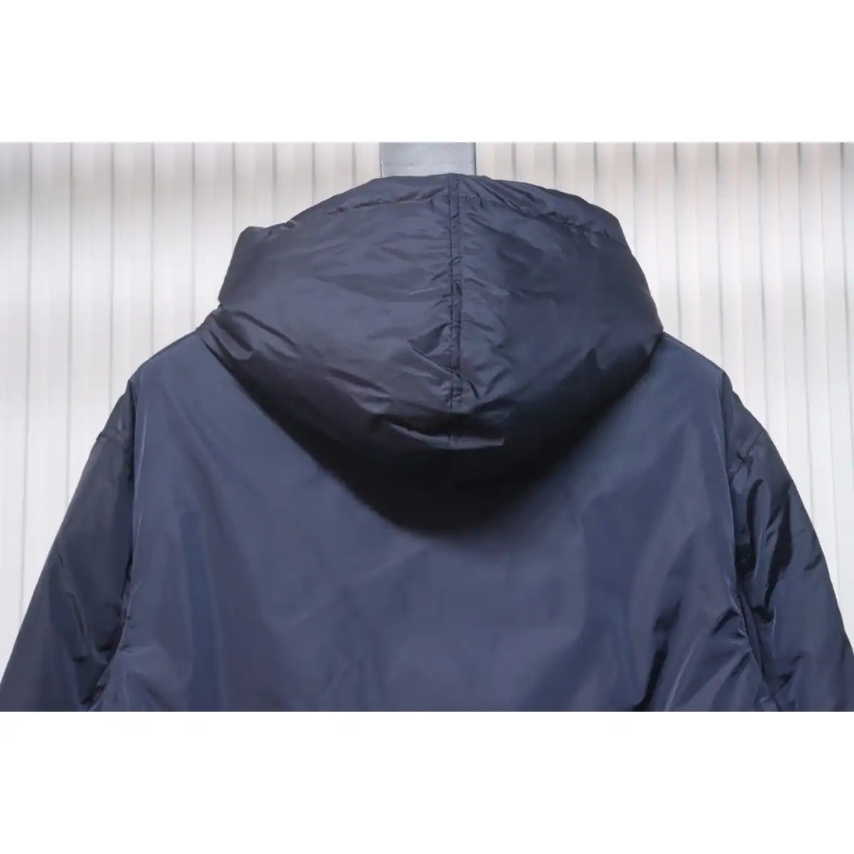 Prada Triangle Logo Solid Color Hooded Down Jacket Dark Blue – PC012