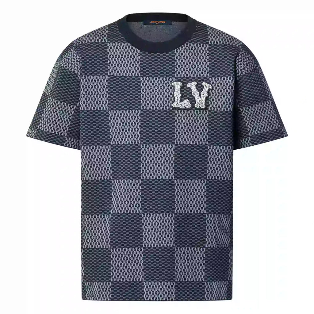 SHORT SLEEVED COTTON DAMIER CREWNECK WITH CRYSTAL LV PATCH  – LVTS130