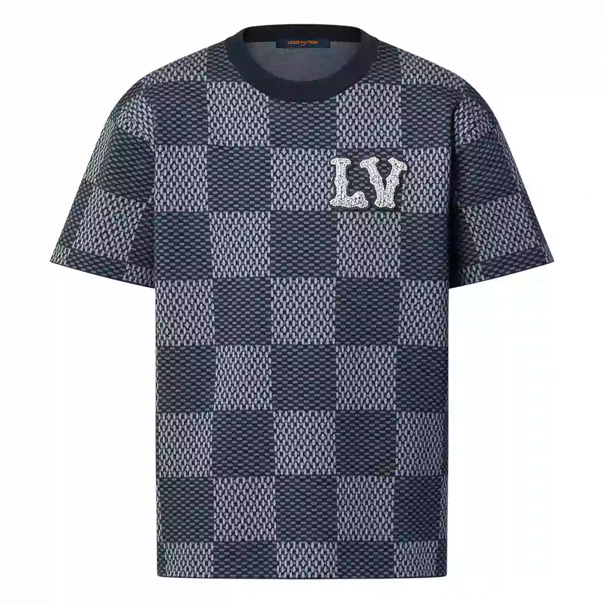 SHORT SLEEVED COTTON DAMIER CREWNECK WITH CRYSTAL LV PATCH  – LVTS130