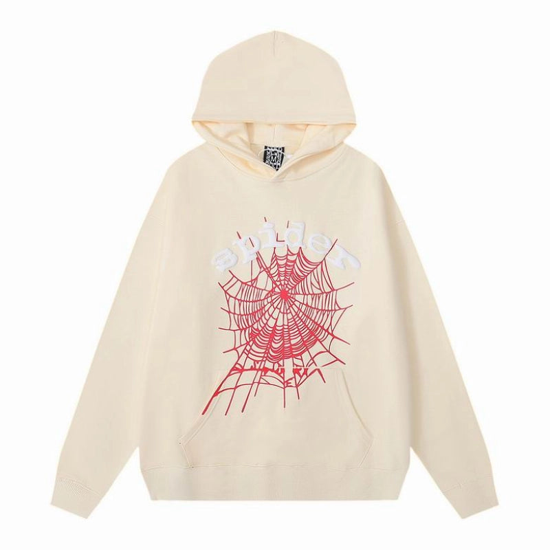 Sp5der White Letters Red Cobweb Beige Hoodie – SDH024