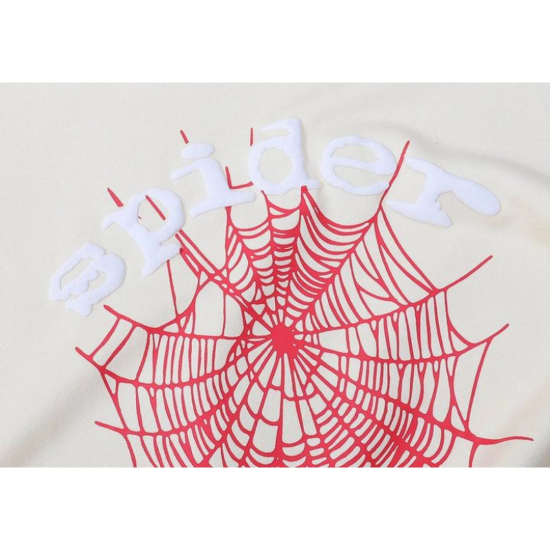 Sp5der White Letters Red Cobweb Beige Hoodie – SDH024