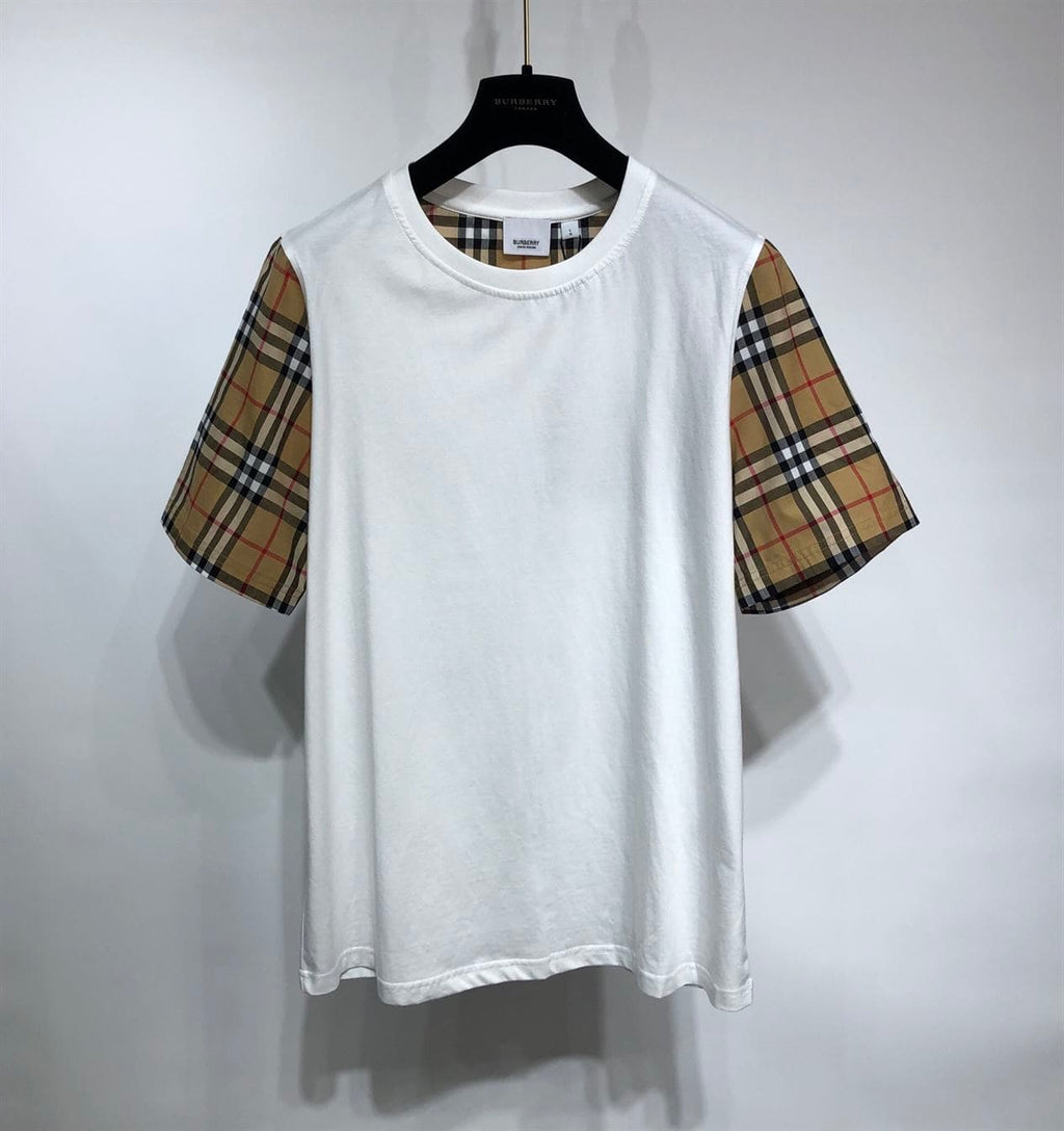 BURBERRY CHECK SLEEVE COTTON OVERSIZED T-SHIRT IN WHITE – BRS010