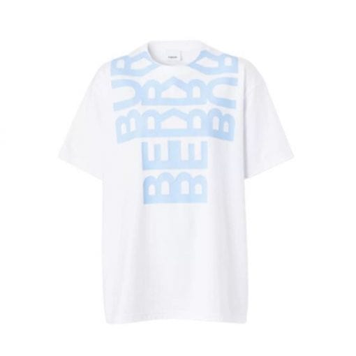 BURBERRY LOGO PRINT COTTON OVERSIZED T-SHIRT IN WHITE/BLUE – BRS005