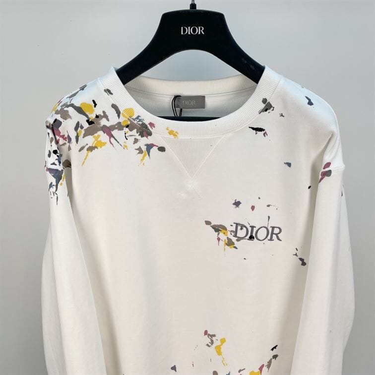 DIOR OVERSIZED SWEATSHIRT WHITE COTTON FLEECE WITH PAINT PRINT – DOS015