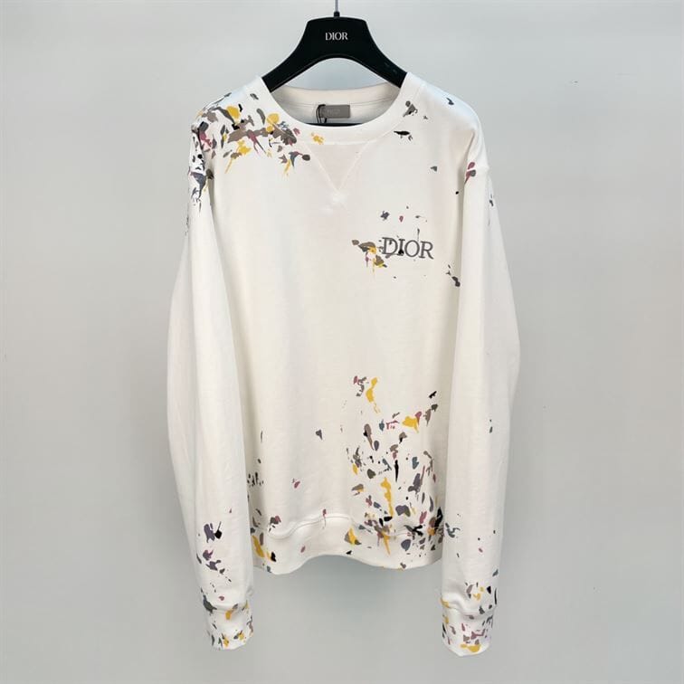 DIOR OVERSIZED SWEATSHIRT WHITE COTTON FLEECE WITH PAINT PRINT – DOS015