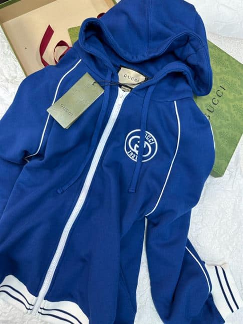 GUCCI BLUE COTTON JERSEY LOGO ZIPPED HOODIE – GCJ036