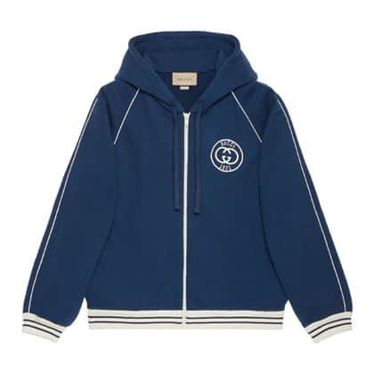 GUCCI BLUE COTTON JERSEY LOGO ZIPPED HOODIE – GCJ036